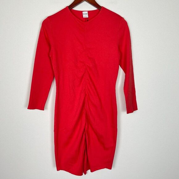 Re/Done Ruched Long Sleeve Supima Cotton Pullover Mini Dress Red S - Picture 1 of 8